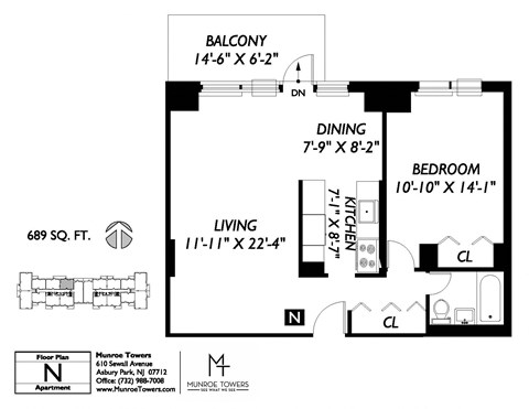 Floor plan for 1 bed, 1 bath, 689 sqft